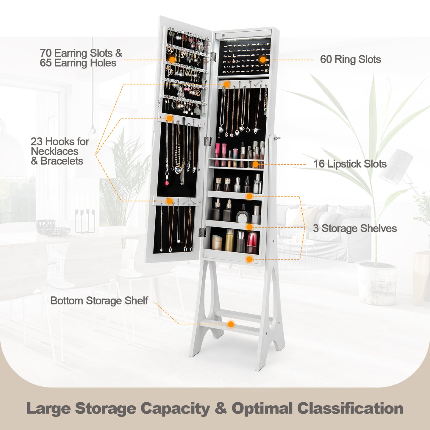 LED Jewelry Armoire with Full-Length Mirror and Storage