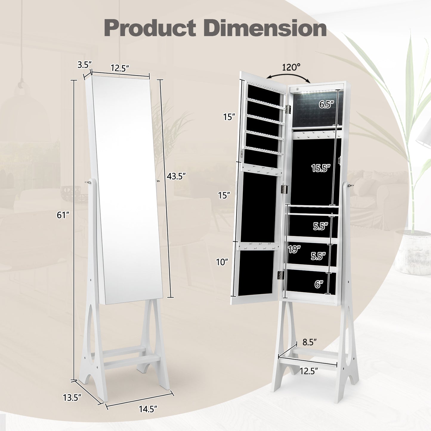 LED Jewelry Armoire with Full-Length Mirror and Storage