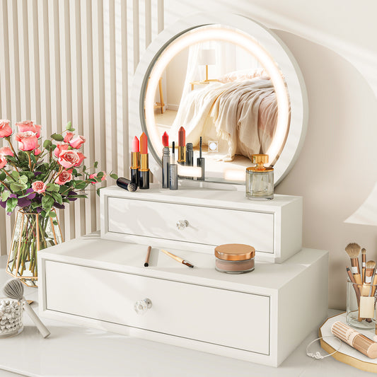 Vanity Mirror with LED Lights and Drawers - White