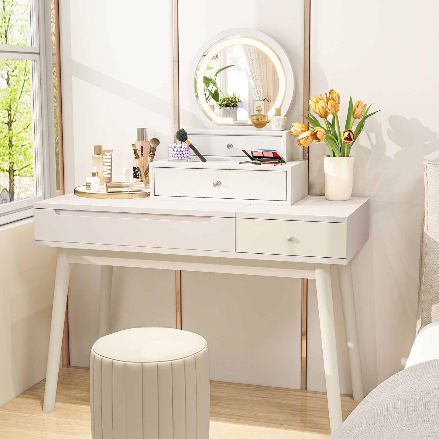 Vanity Mirror with LED Lights and Drawers - White