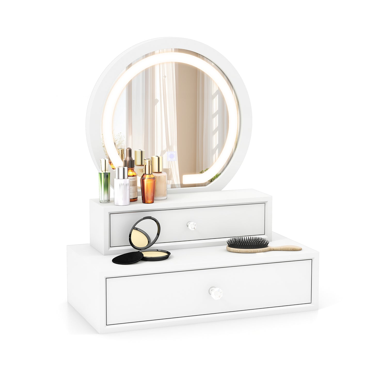 Vanity Mirror with LED Lights and Drawers - White