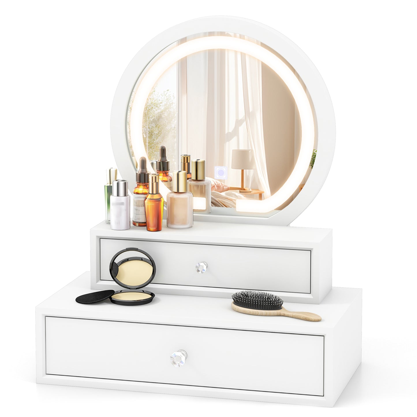 Vanity Mirror with LED Lights and Drawers - White