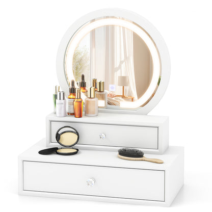 Vanity Mirror with LED Lights and Drawers - White