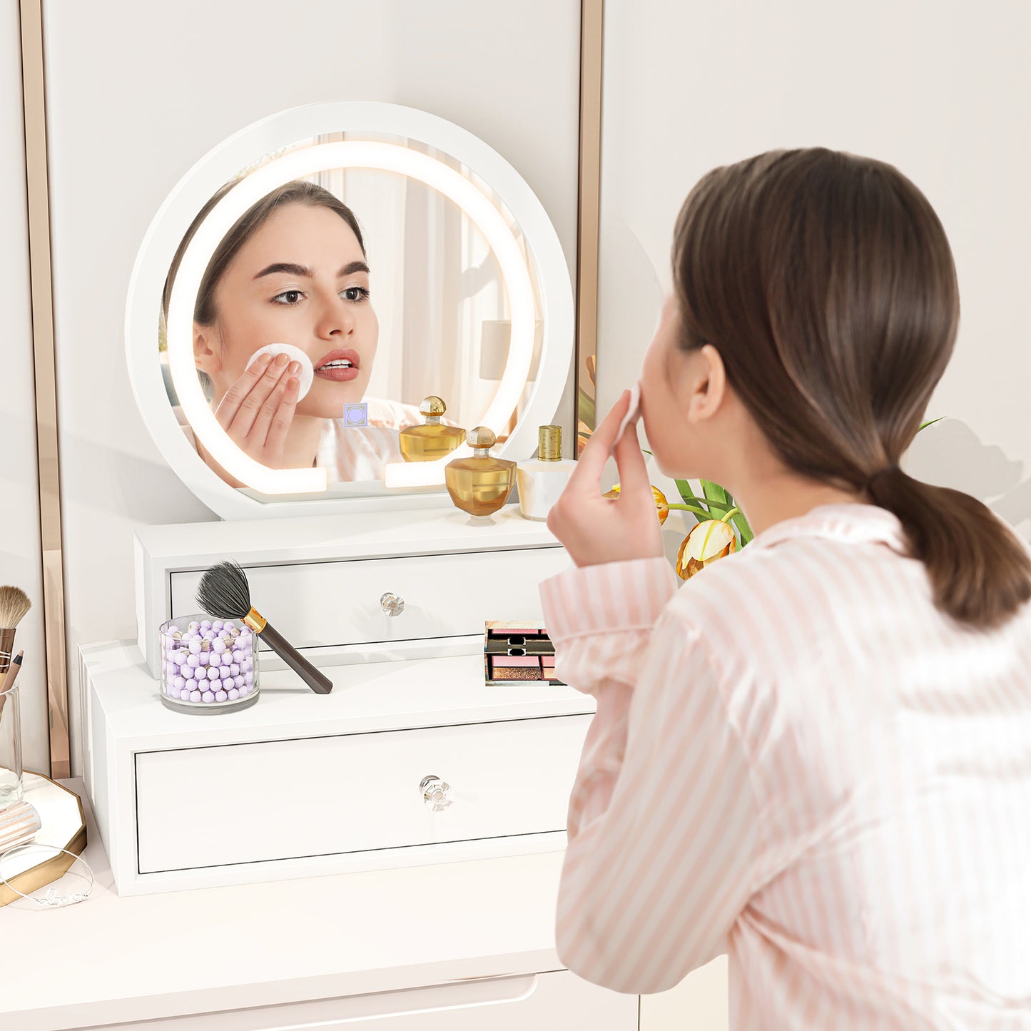 Vanity Mirror with LED Lights and Drawers - White