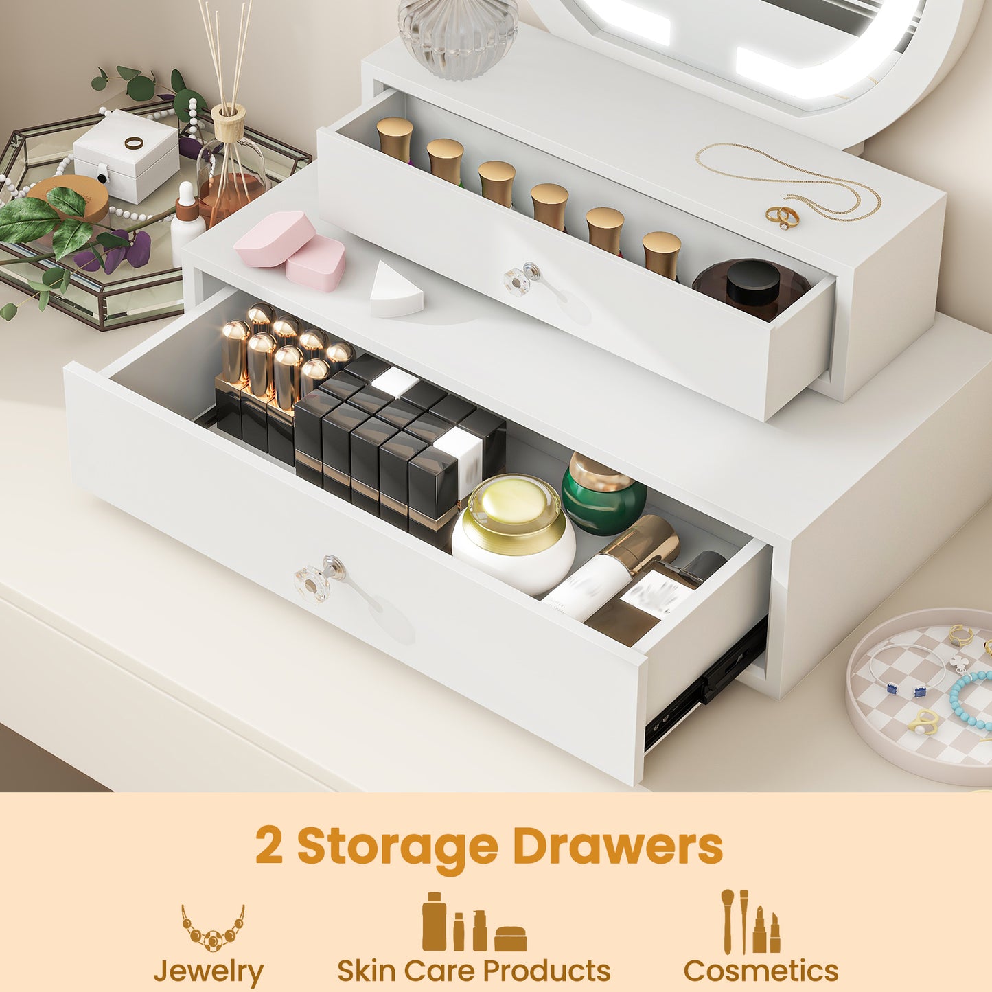 Vanity Mirror with LED Lights and Drawers - White
