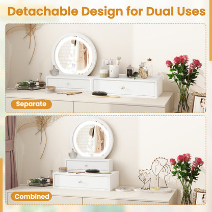 Vanity Mirror with LED Lights and Drawers - White