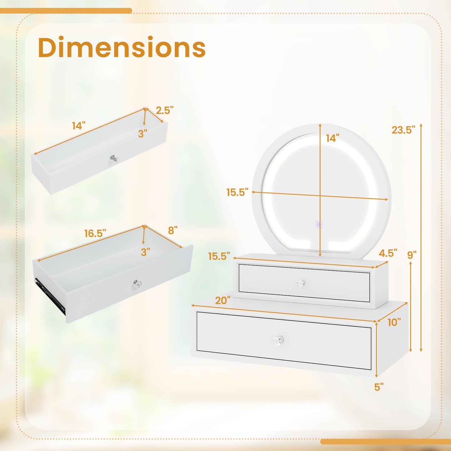 Vanity Mirror with LED Lights and Drawers - White