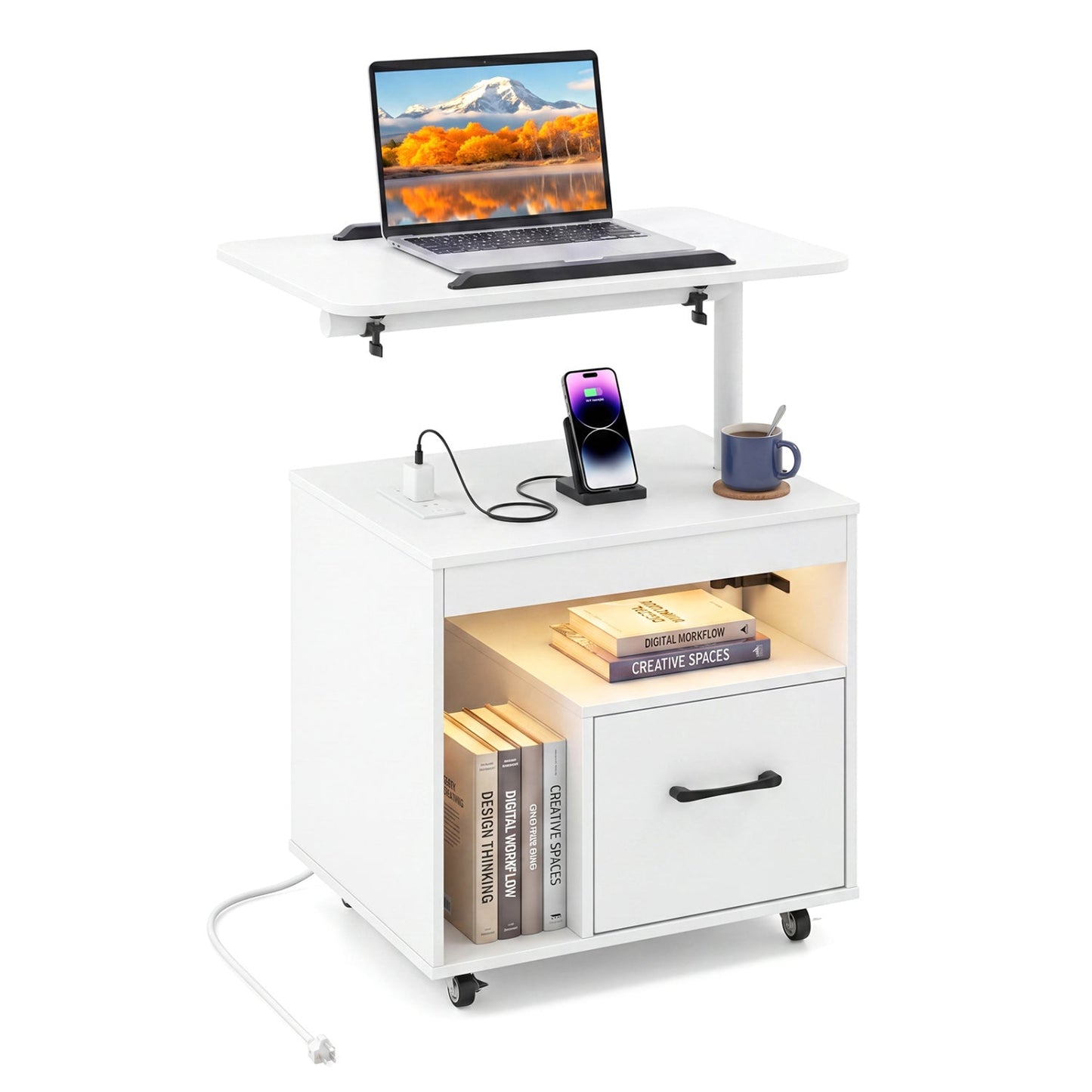 LED Nightstand with Power Outlets Modern Bedside Table with Flip over