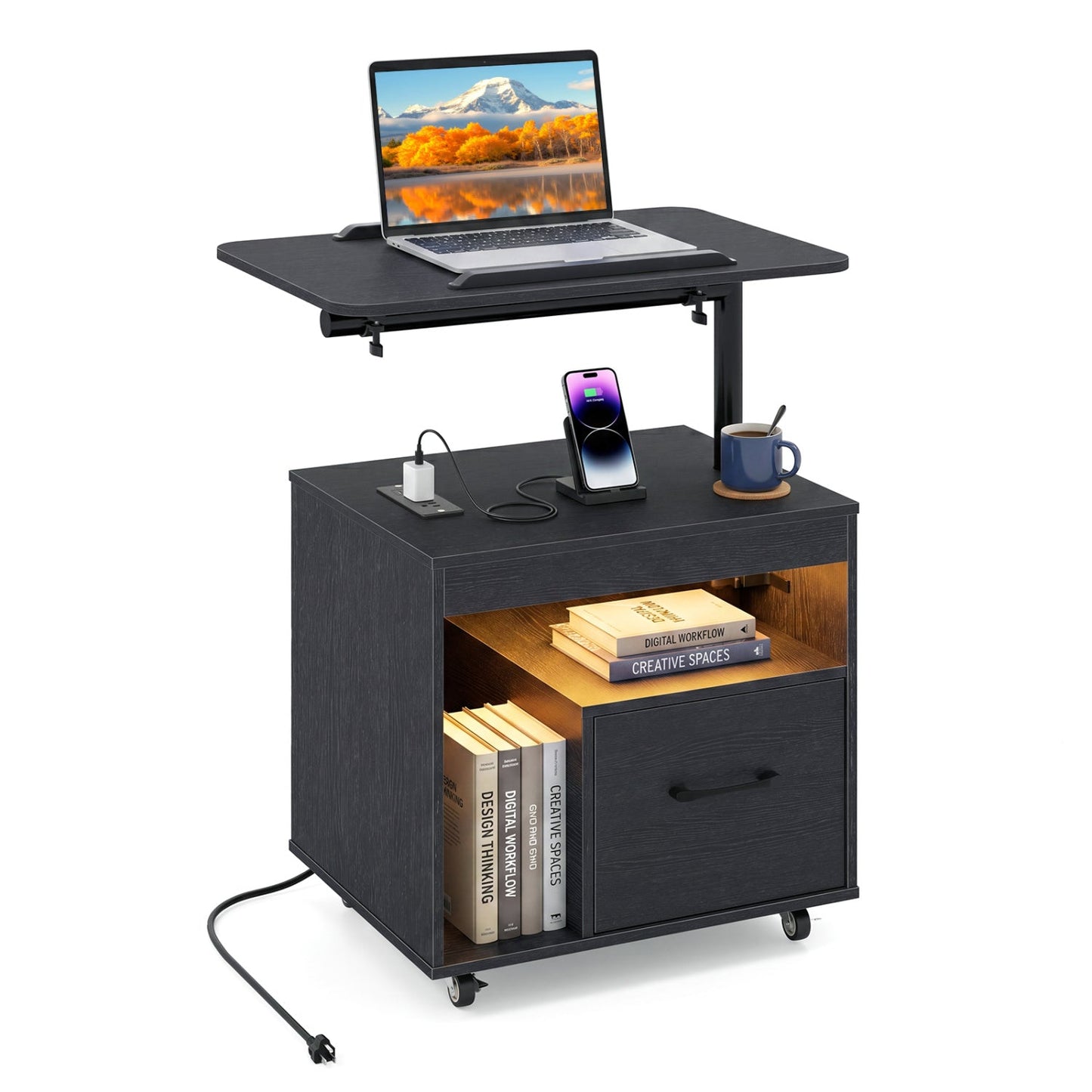 LED Nightstand with Power Outlets Modern Bedside Table with Flip over