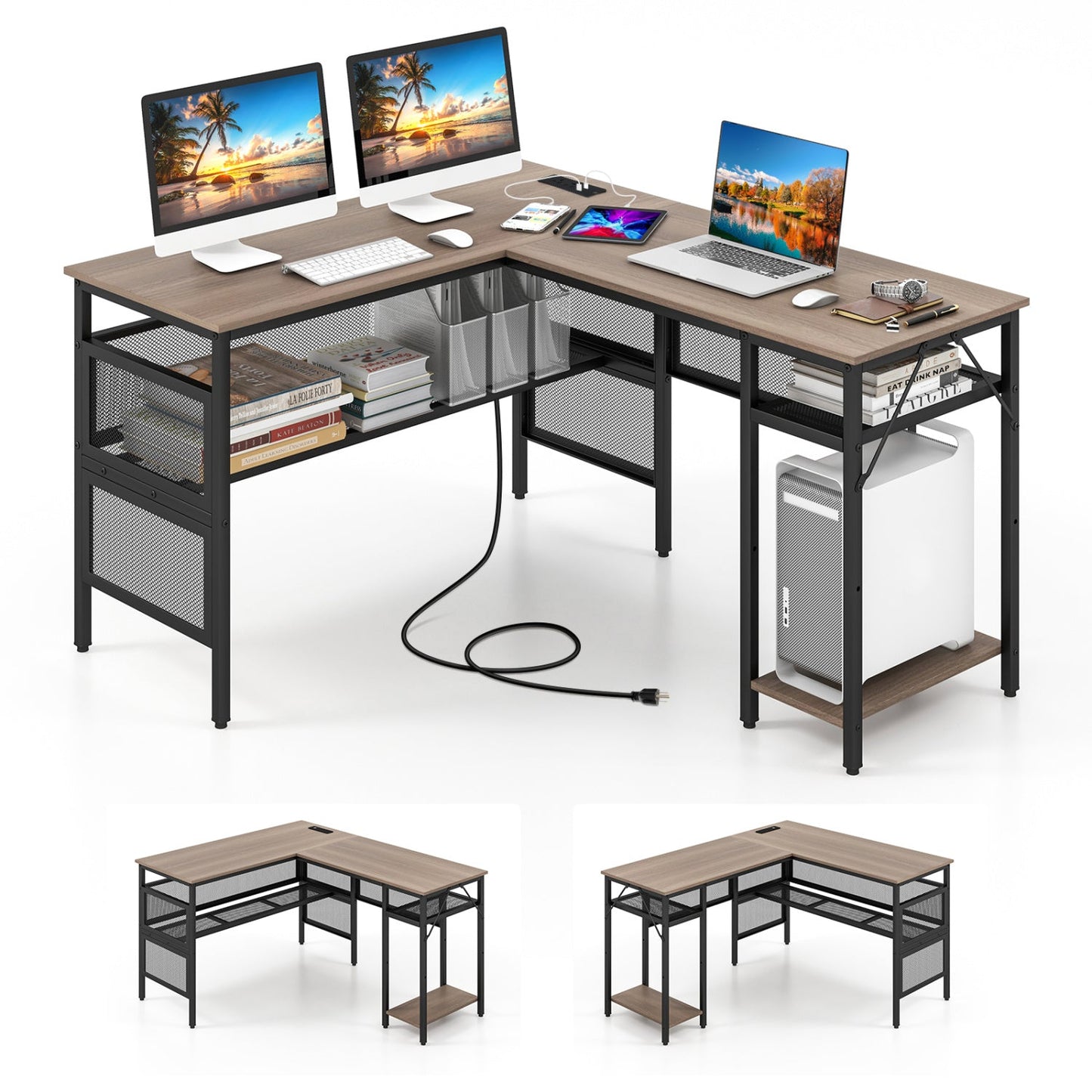 L-Shaped Computer Desk with Charging Station and Adjustable Shelf-Gray