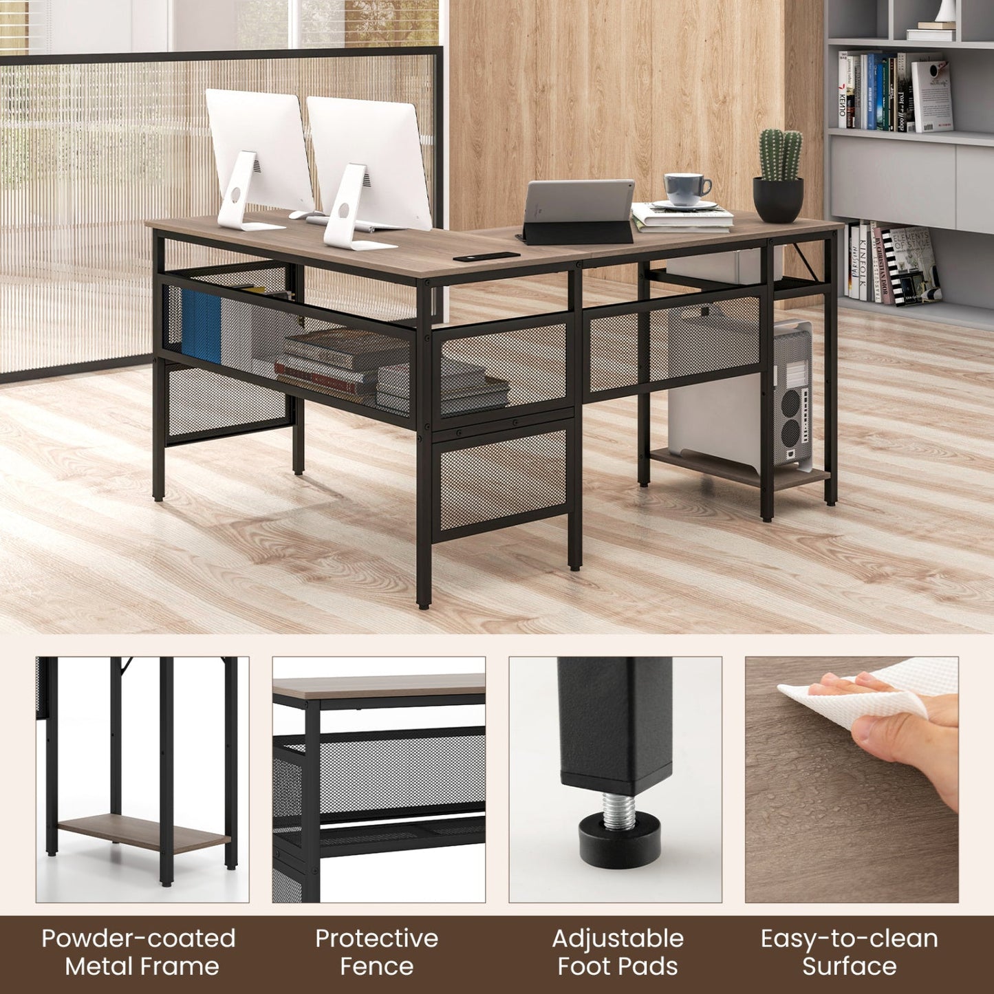L-Shaped Computer Desk with Charging Station and Adjustable Shelf-Gray