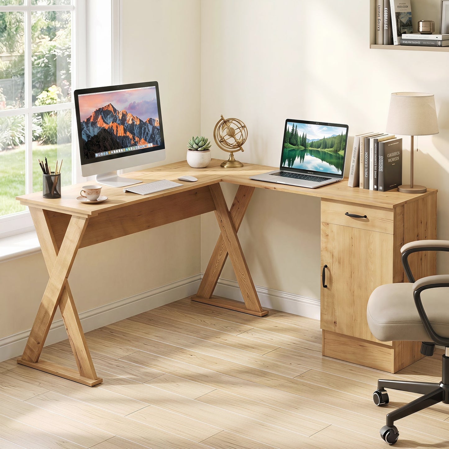 L-Shaped Computer Desk with Reversible Drawer and Cabinet