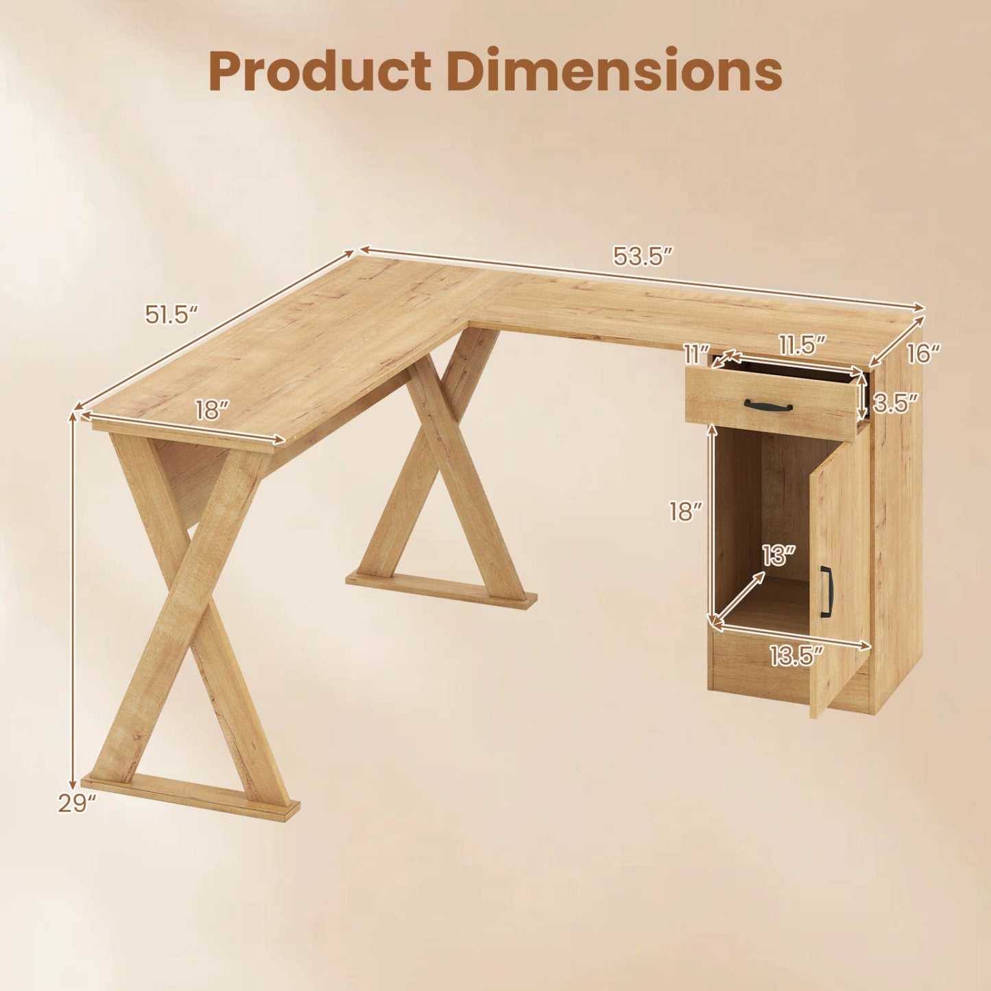 L-Shaped Computer Desk with Reversible Drawer and Cabinet