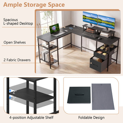 L Shaped Desk with Power Outlet Reversible Computer Desk with Monitor Stands