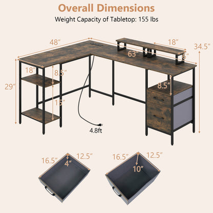 L-Shaped Desk with Power Outlet and Monitor Stands