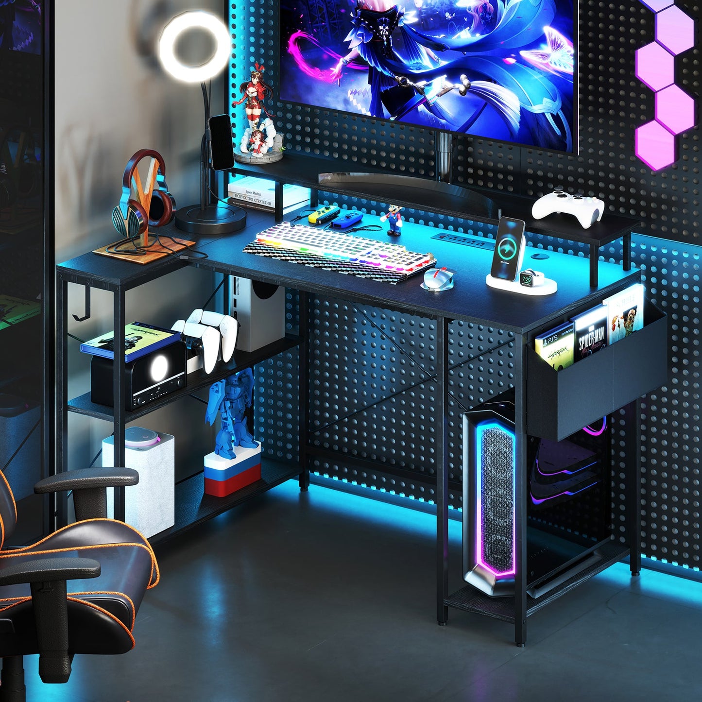 L-Shaped Gaming Desk with LED Lights and Power Outlets
