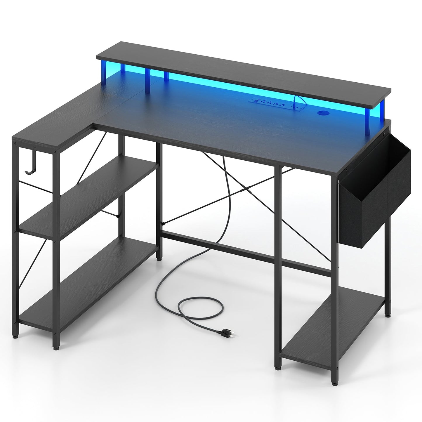 L-Shaped Gaming Desk with LED Lights and Power Outlets