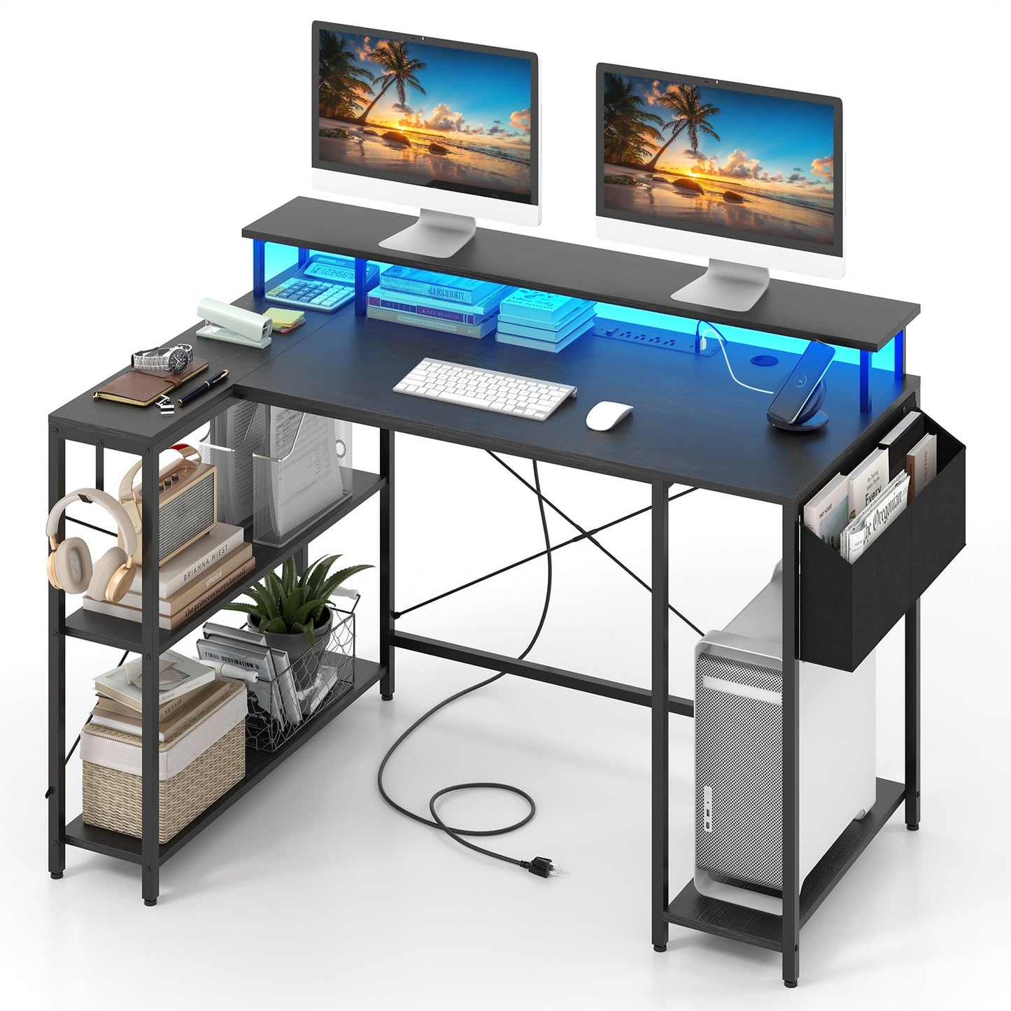L-Shaped Gaming Desk with LED Lights and Power Outlets