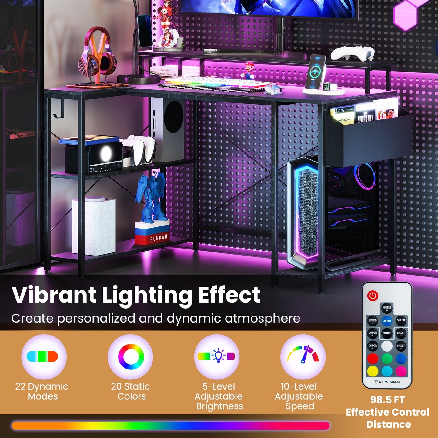 L-Shaped Gaming Desk with LED Lights and Power Outlets