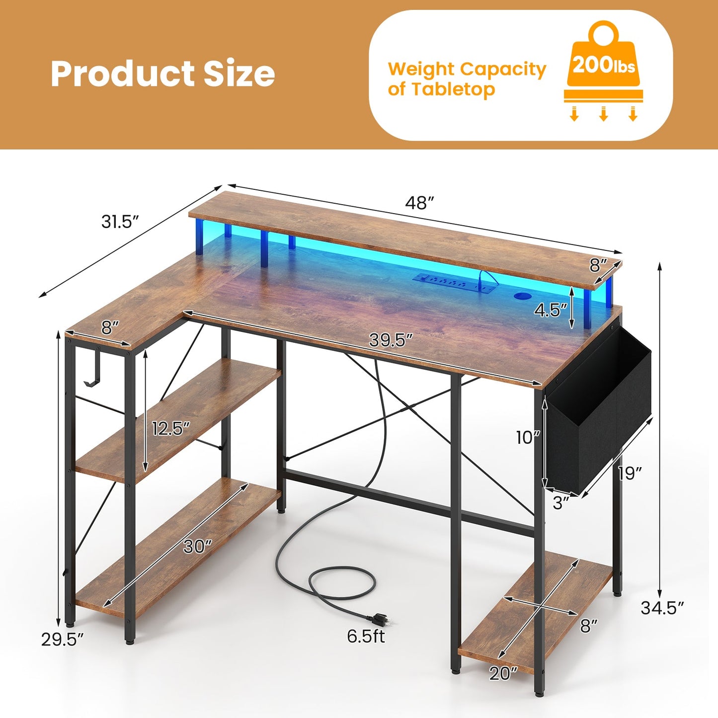 L-Shaped Gaming Desk with LED Lights and Power Outlets