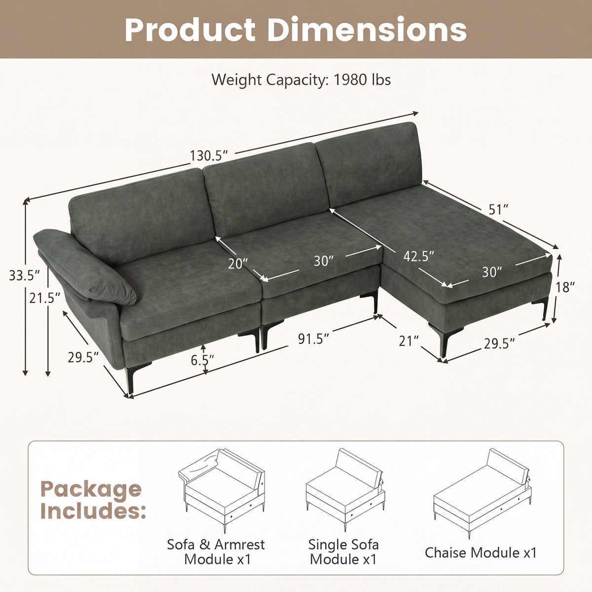 4-Seater L-Shaped Sectional Sofa with USB Charging Ports