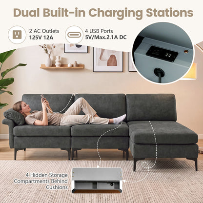 4-Seater L-Shaped Sectional Sofa with USB Charging Ports