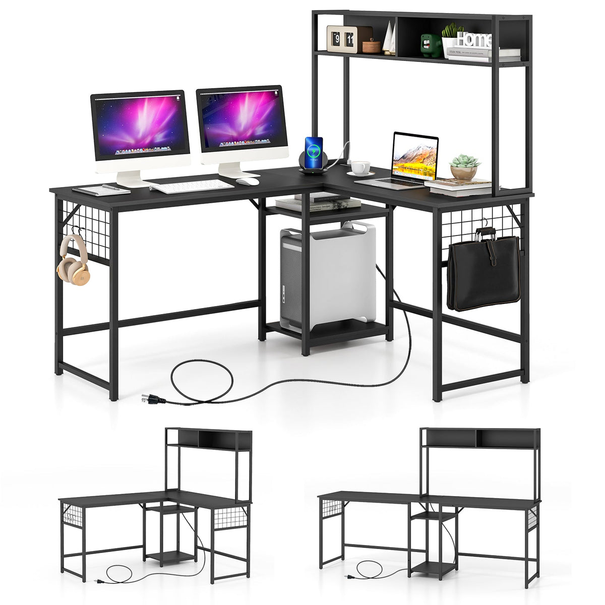 L-shaped Desk with Power Outlet Hutch