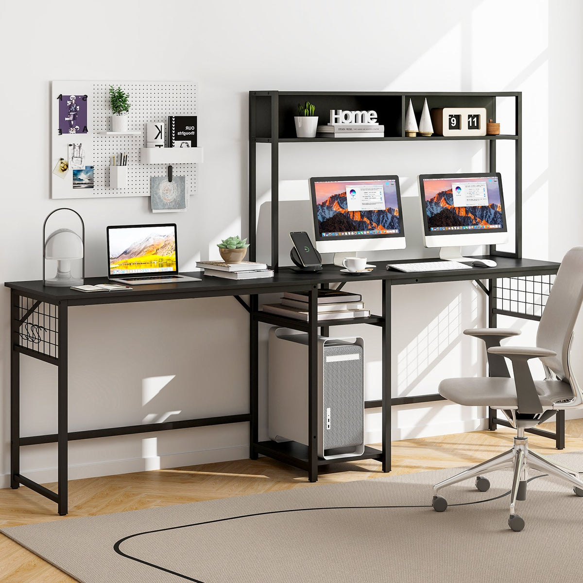 L-shaped Desk with Power Outlet Hutch