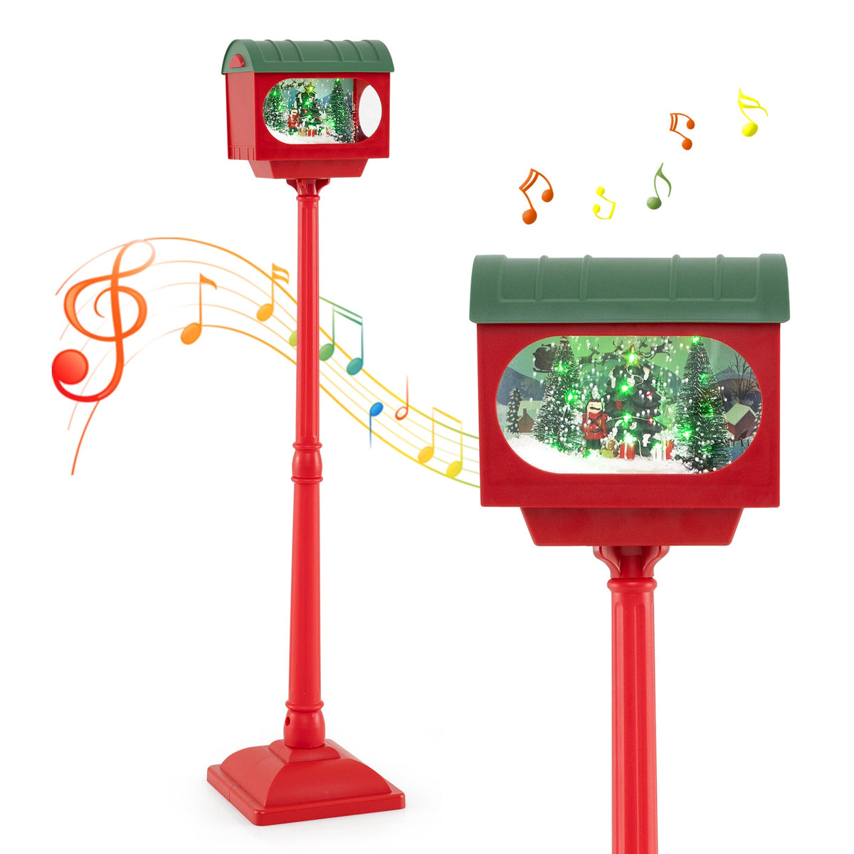 59 Inch Christmas Street Lamp with Sound-Activated Snow Globe Lantern-Red