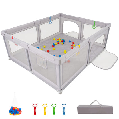Large Baby Playpen with Pull Rings and Ocean Balls-Gray