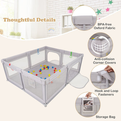 Large Baby Playpen with Pull Rings and Ocean Balls-Gray