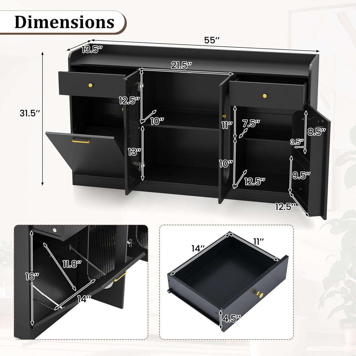 Large Buffet Cabinet Hidden Tilt Out Trash Can Cabinet with 2 Glass Doors