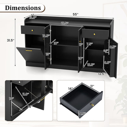 Large Buffet Cabinet Hidden Tilt Out Trash Can Cabinet with 2 Glass Doors