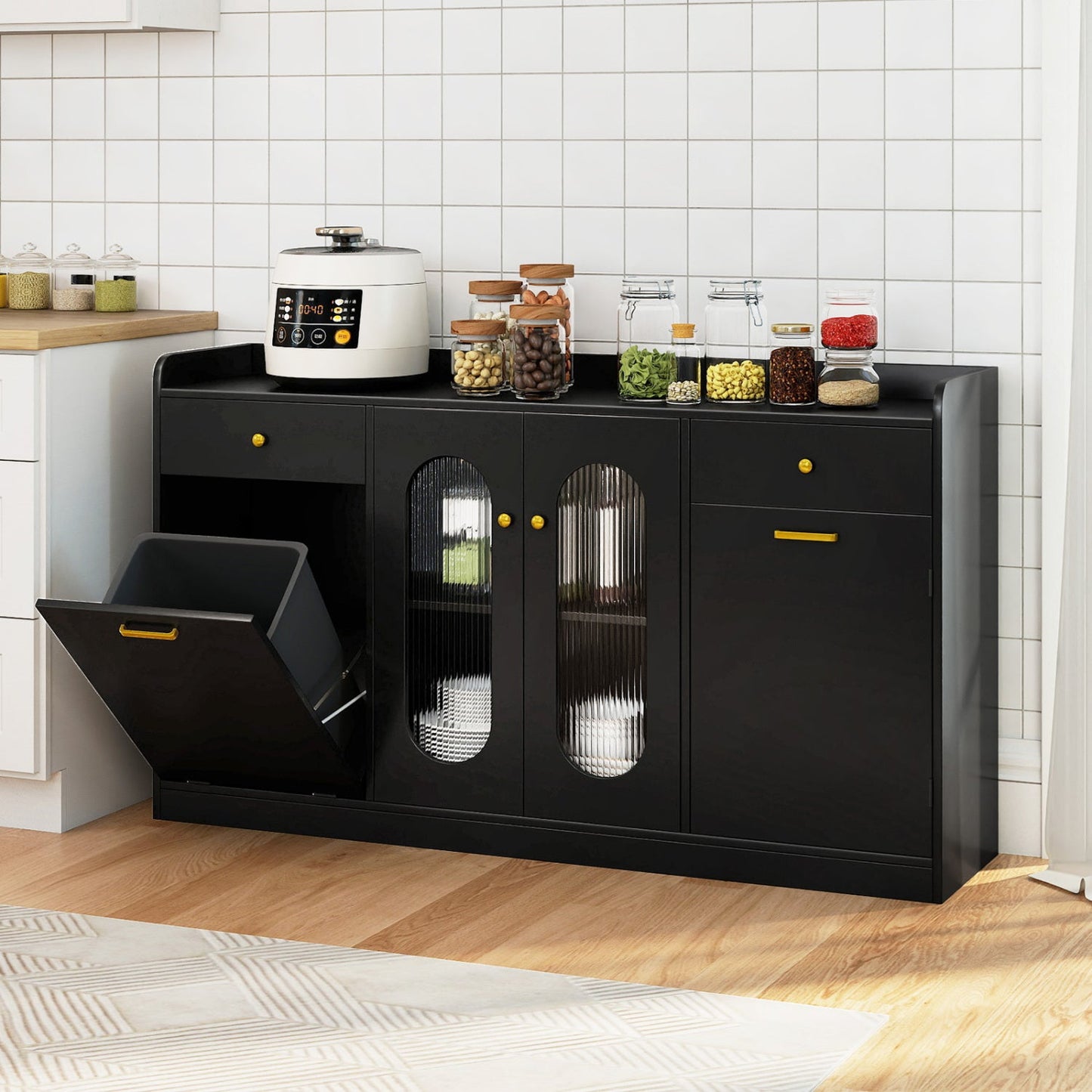 Large Buffet Cabinet Hidden Tilt Out Trash Can Cabinet with 2 Glass Doors