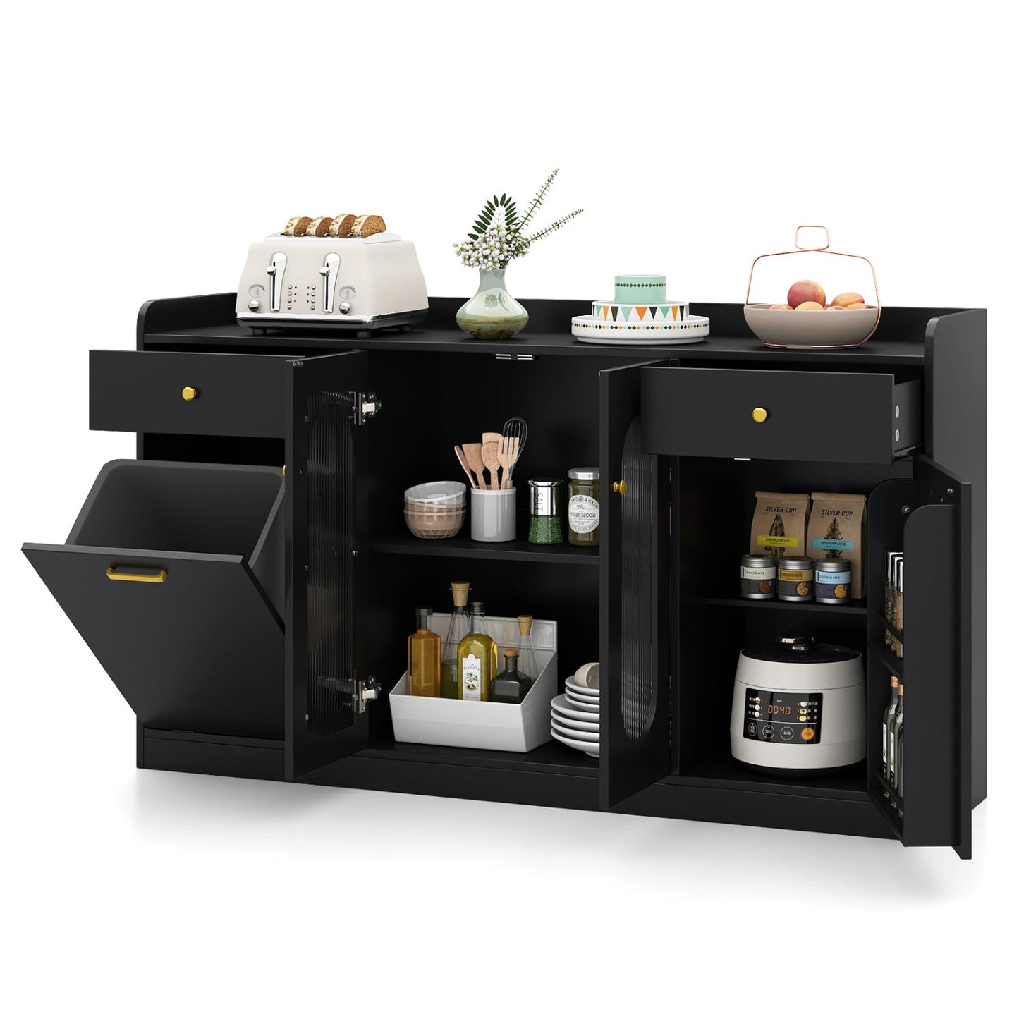 Large Buffet Cabinet Hidden Tilt Out Trash Can Cabinet with 2 Glass Doors