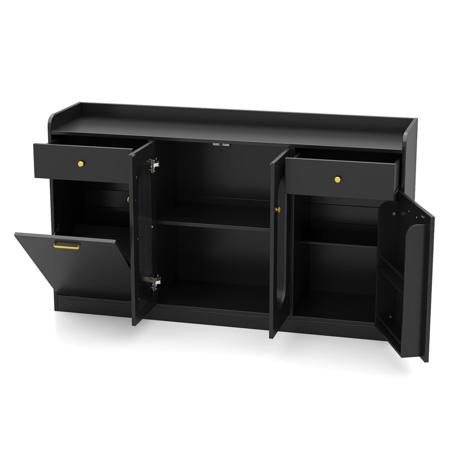 Large Buffet Cabinet Hidden Tilt Out Trash Can Cabinet with 2 Glass Doors