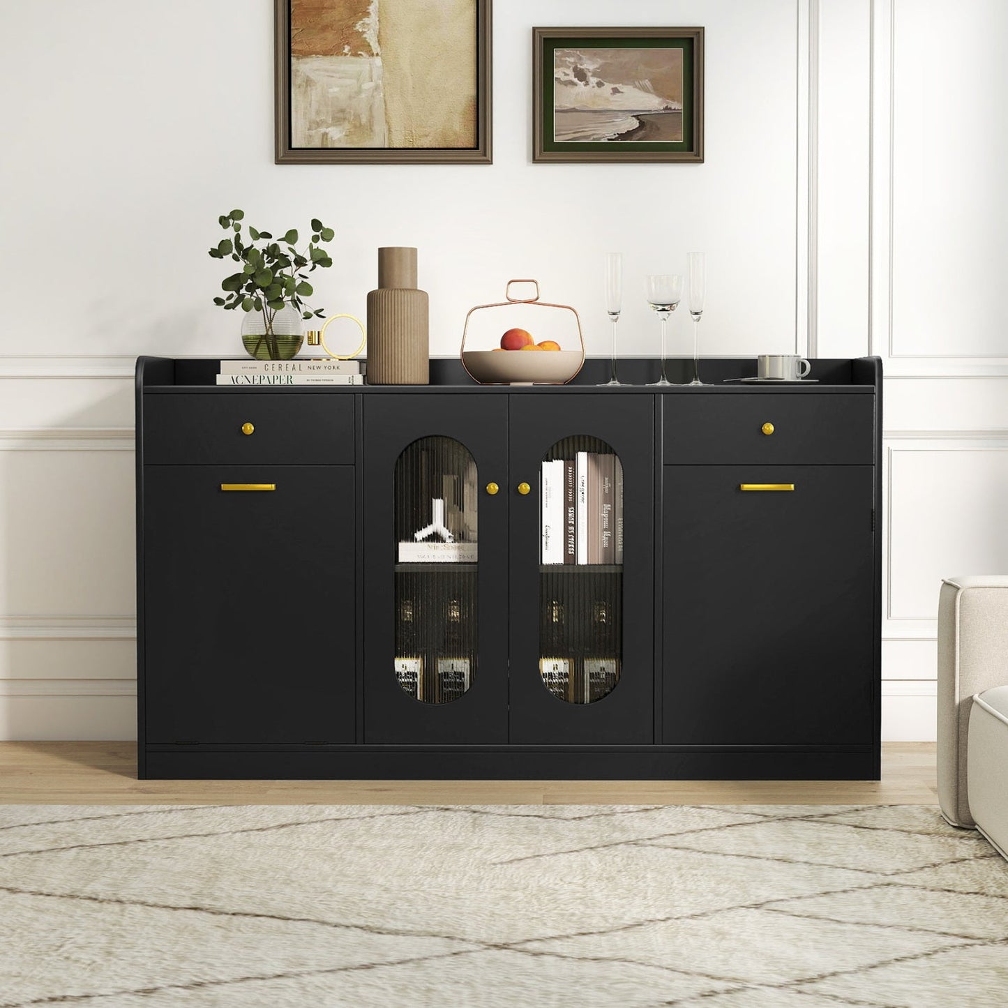 Large Buffet Cabinet Hidden Tilt Out Trash Can Cabinet with 2 Glass Doors