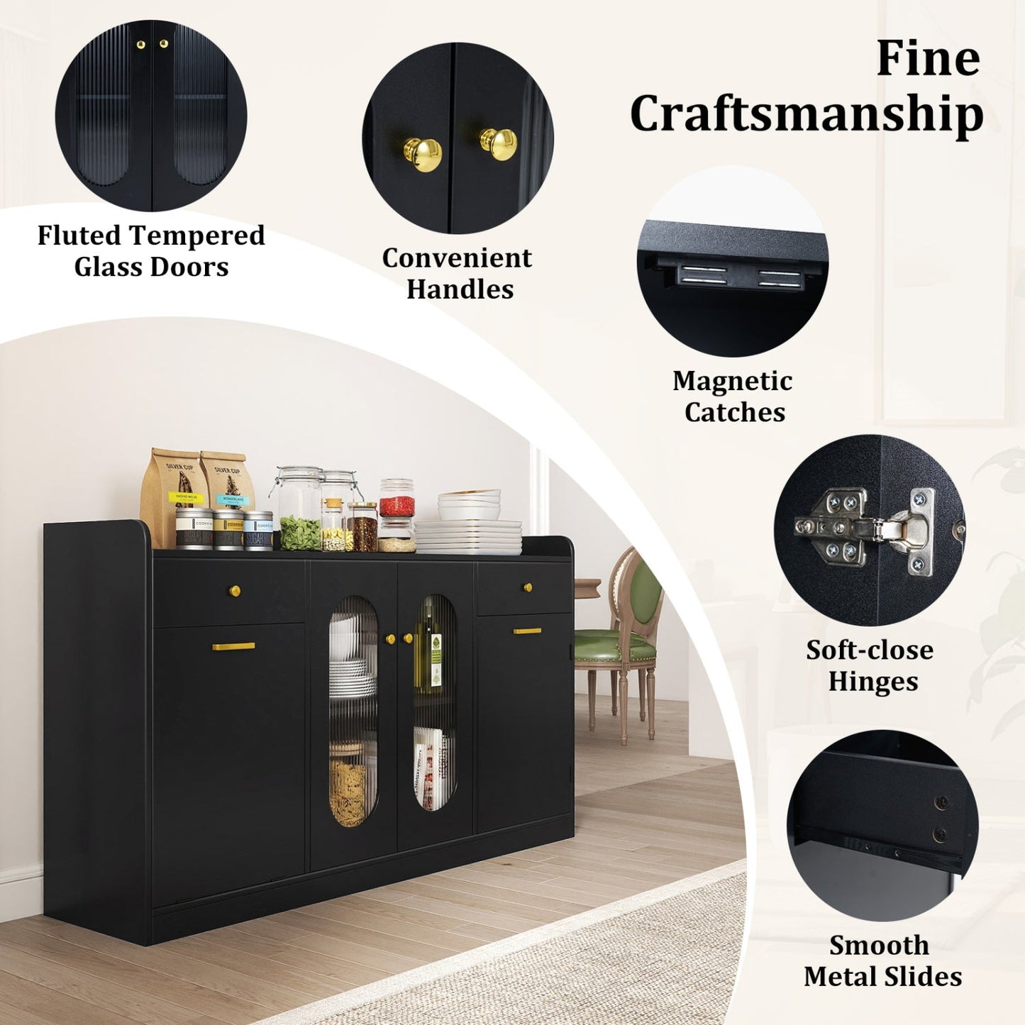Large Buffet Cabinet Hidden Tilt Out Trash Can Cabinet with 2 Glass Doors