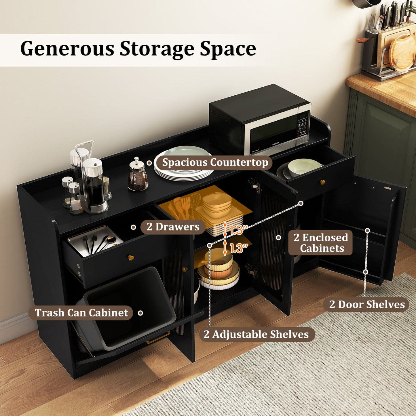 Large Buffet Cabinet Hidden Tilt Out Trash Can Cabinet with 2 Glass Doors