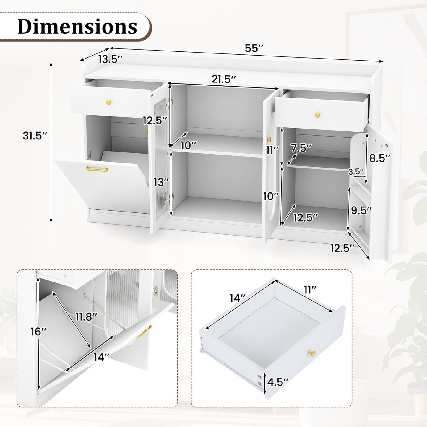 Large Buffet Cabinet Hidden Tilt Out Trash Can Cabinet with 2 Glass Doors