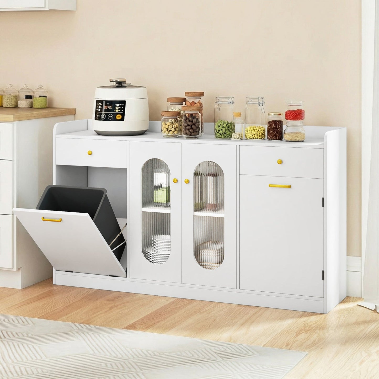 Large Buffet Cabinet Hidden Tilt Out Trash Can Cabinet with 2 Glass Doors