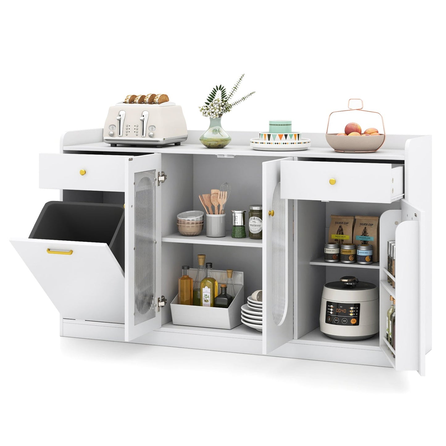 Large Buffet Cabinet Hidden Tilt Out Trash Can Cabinet with 2 Glass Doors