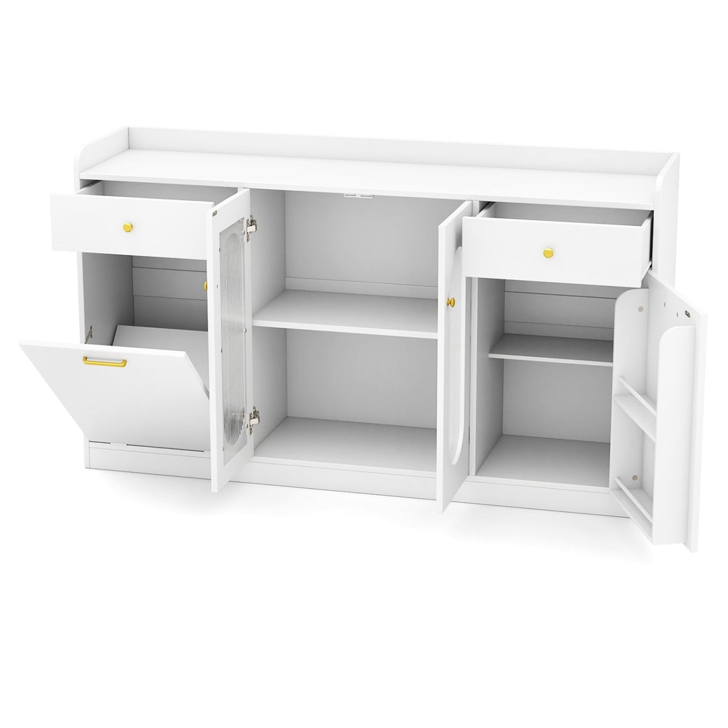 Large Buffet Cabinet Hidden Tilt Out Trash Can Cabinet with 2 Glass Doors