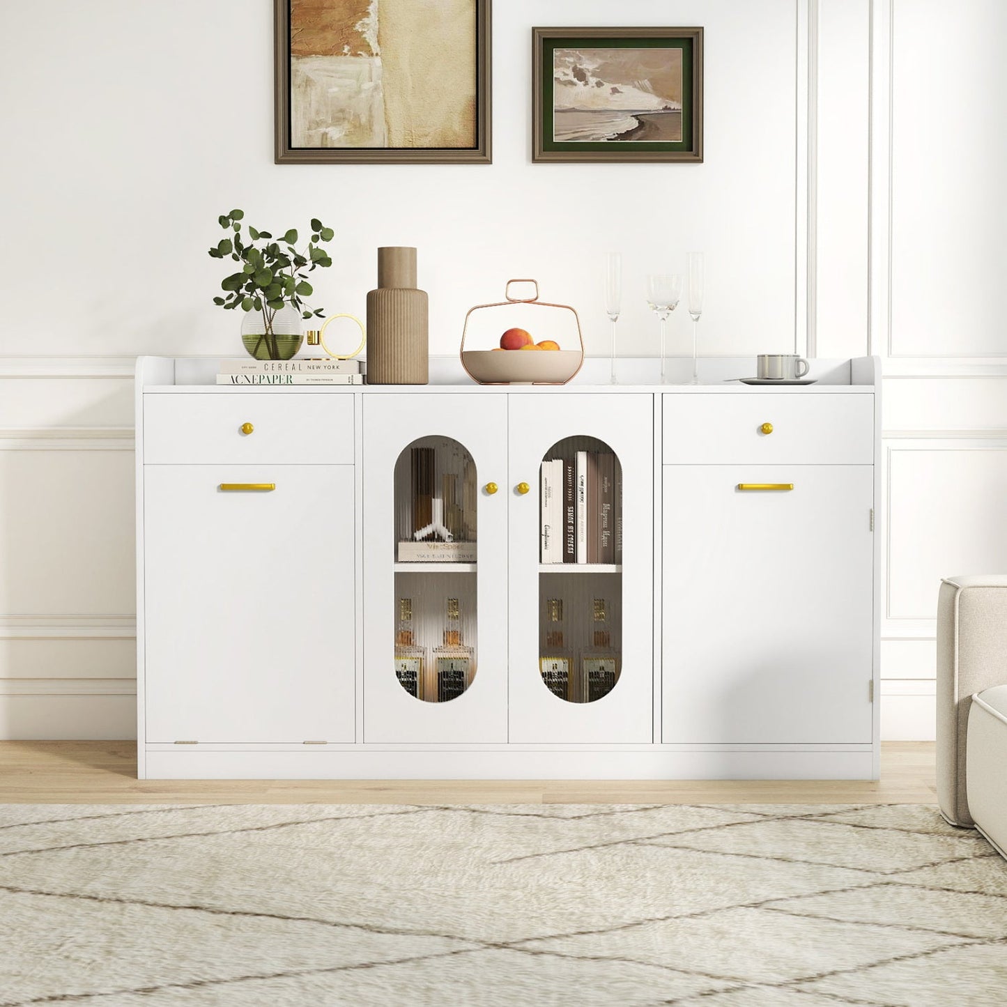 Large Buffet Cabinet Hidden Tilt Out Trash Can Cabinet with 2 Glass Doors