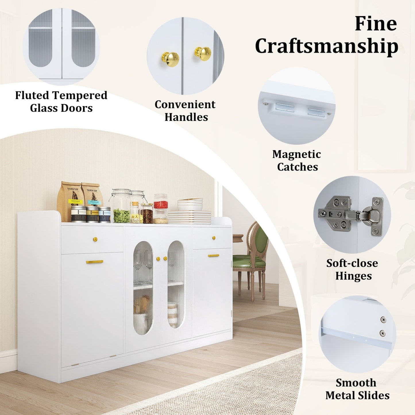 Large Buffet Cabinet Hidden Tilt Out Trash Can Cabinet with 2 Glass Doors
