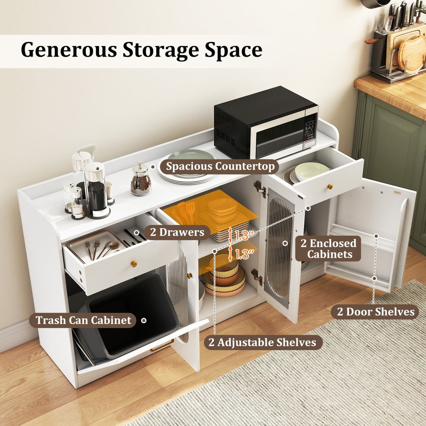 Large Buffet Cabinet Hidden Tilt Out Trash Can Cabinet with 2 Glass Doors