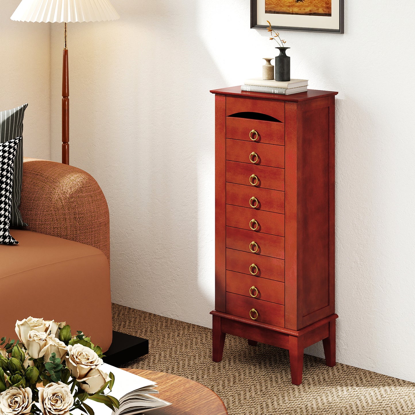 Jewelry Storage Cabinet with 9 Drawers and Flip-Top Mirror