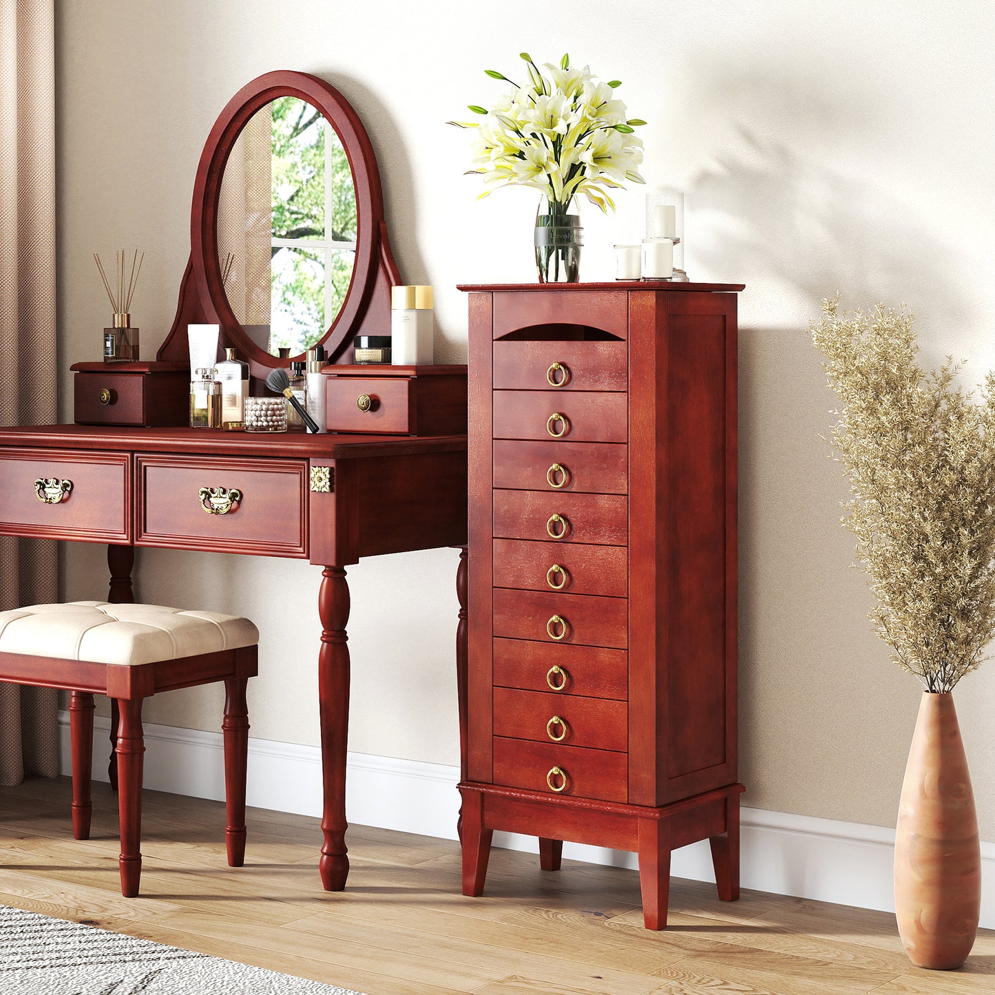 Jewelry Storage Cabinet with 9 Drawers and Flip-Top Mirror