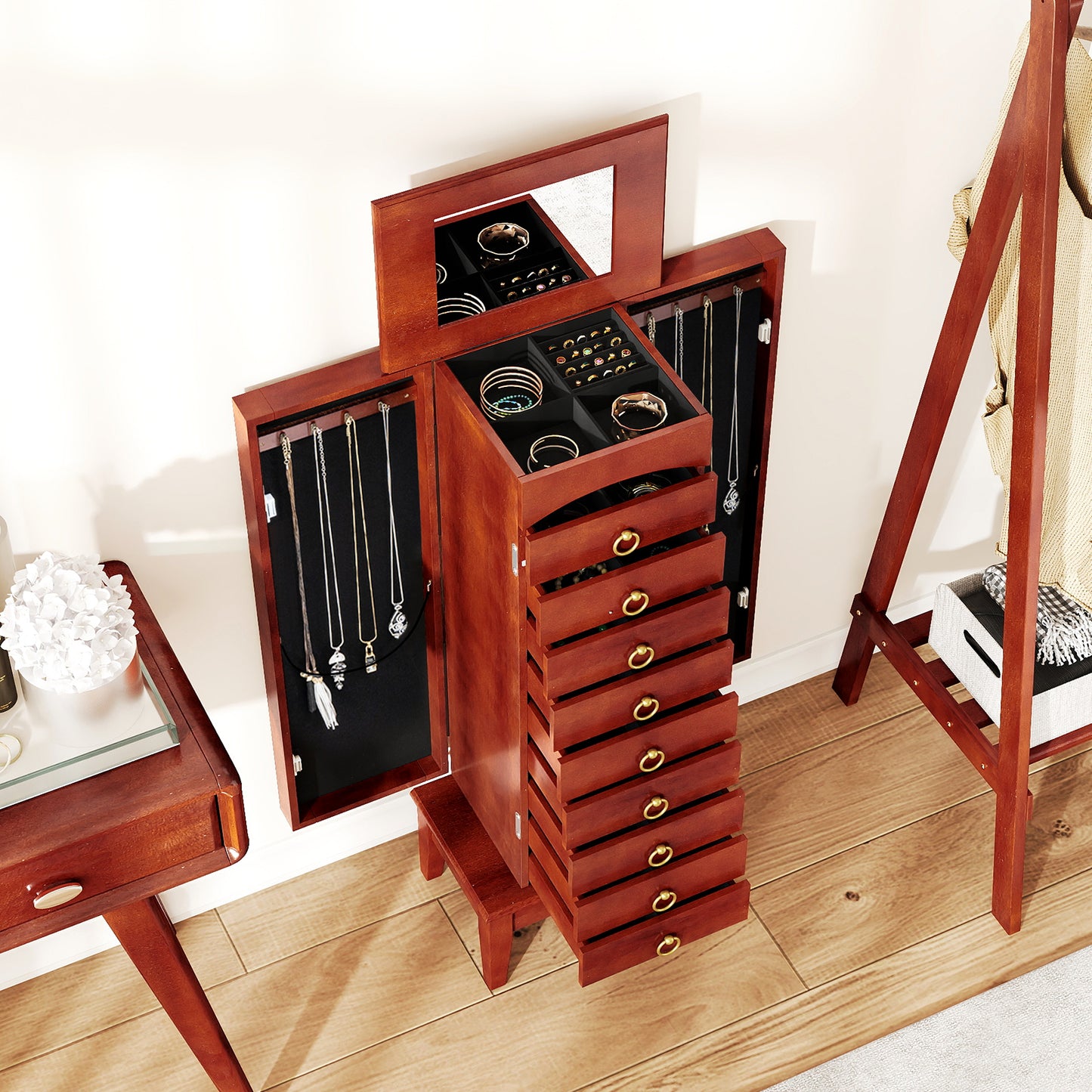 Jewelry Storage Cabinet with 9 Drawers and Flip-Top Mirror