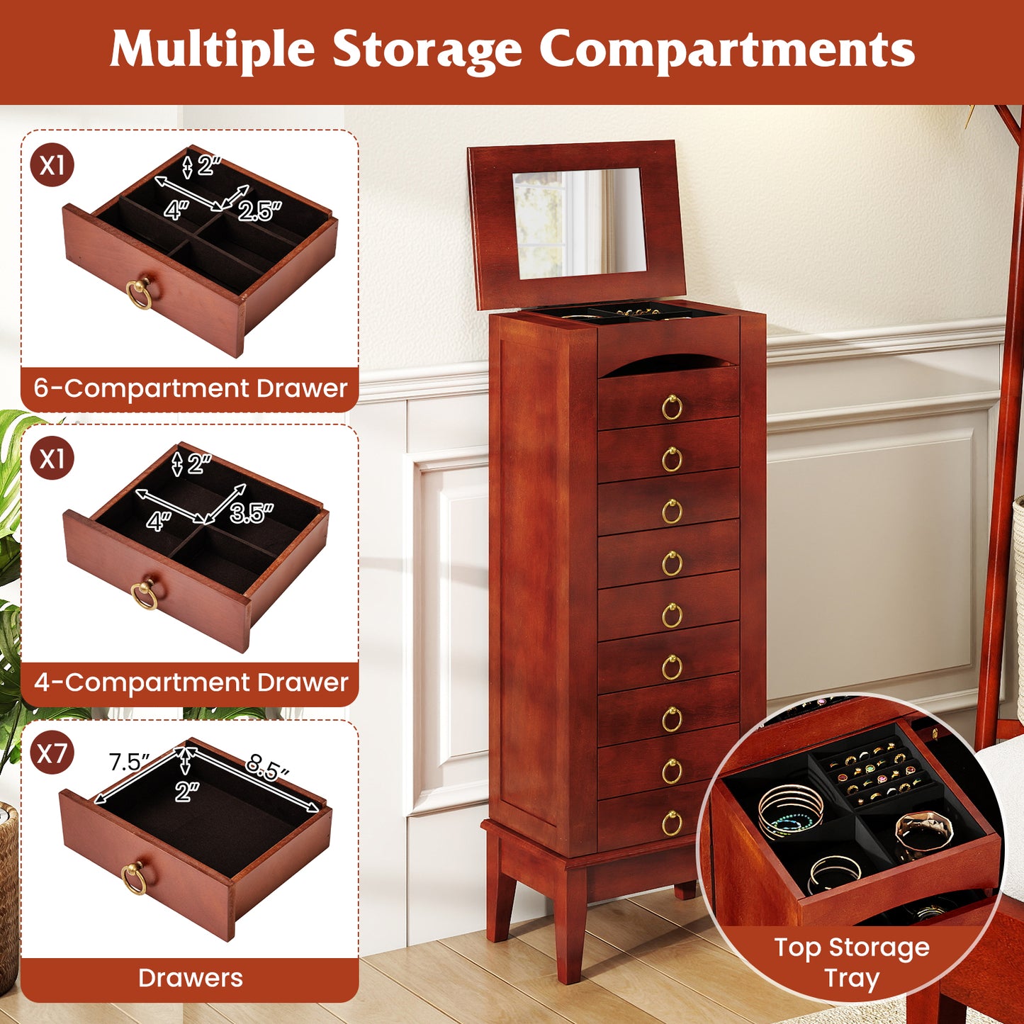 Jewelry Storage Cabinet with 9 Drawers and Flip-Top Mirror